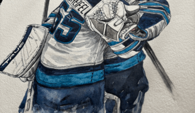 Painting of winnipeg jets, mark scheifele & connor hellebuyck’s hug after an emotional game 6 loss.