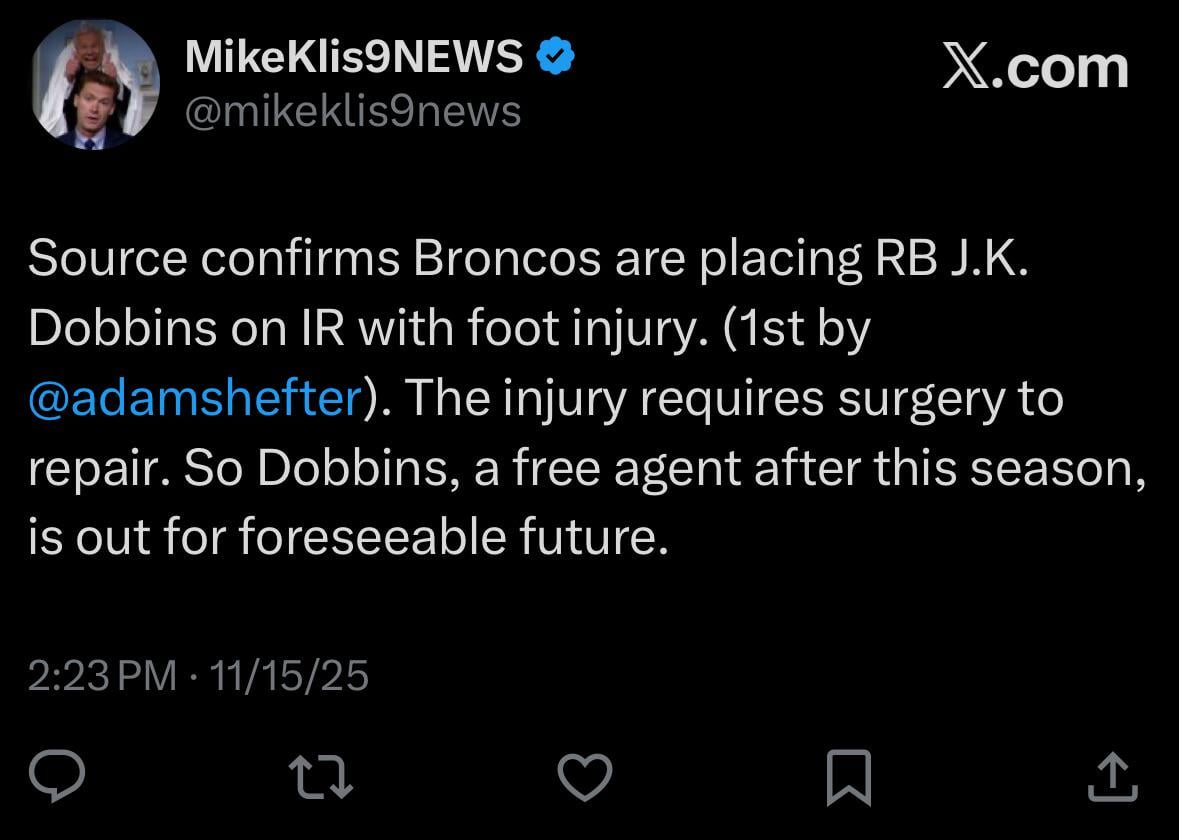 [Klis] Source confirms Broncos are placing RB J.K. Dobbins on IR with foot injury. (1st by @adamshefter). The injury requires surgery to repair. So Dobbins, a free agent after this season, is out for foreseeable future.