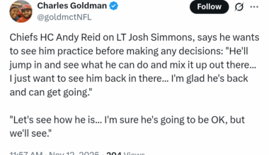 [Goldman] Chiefs HC Andy Reid says he wants to see LT Josh Simmons practice before making any decisions: "He'll jump in and see what he can do and mix it up out there...I just want to see him back in there...I'm glad he's back and can get going." "I'm sure he's going to be OK, but let's see"