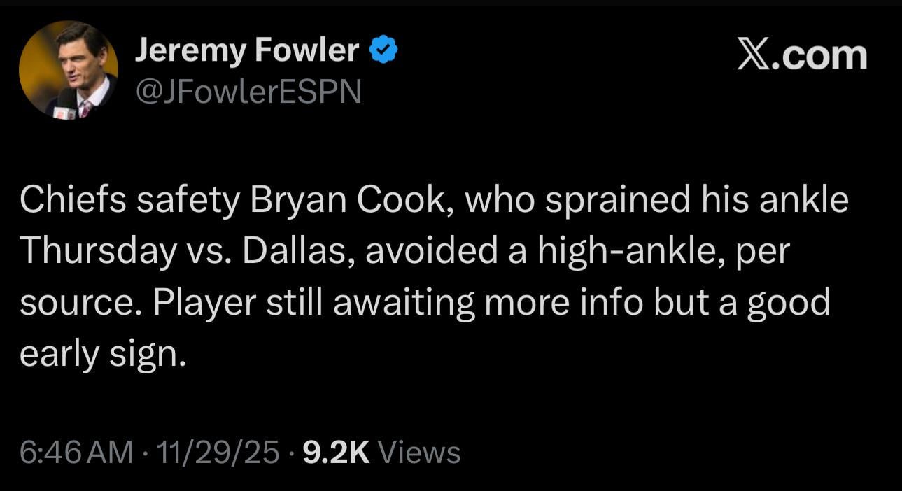 [Fowler] Chiefs safety Bryan Cook, who sprained his ankle Thursday vs. Dallas, avoided a high-ankle, per source. Player still awaiting more info but a good early sign.