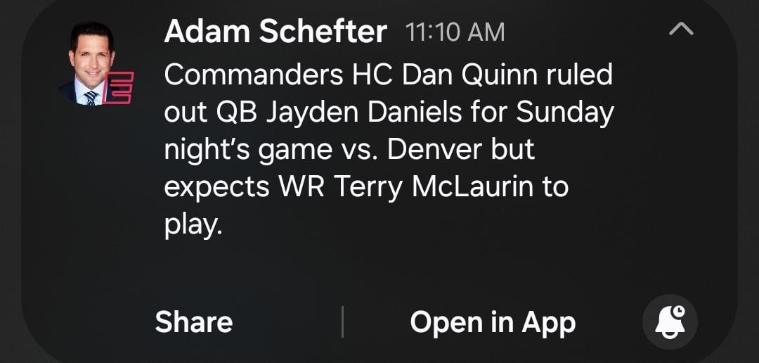 [Schefter] Commanders HC Dan Quinn ruled out QB Jayden Daniels for Sunday night's game VS. Denver but expects WR Terry McLaurin to play.