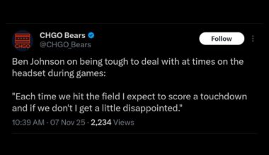 [CHGO Bears] Ben Johnson on being tough to deal with at times on the headset during games: "Each time we hit the field I expect to score a touchdown and if we don't I get a little disappointed."