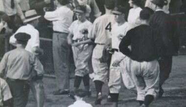 Crosley Field, Cincinnati, Oct 8, 1939 - Lou Gehrig leaves the field for last time after the Yankees just beat the Reds 7-4 in 10-innings in Game 4 to complete a World Series sweep.