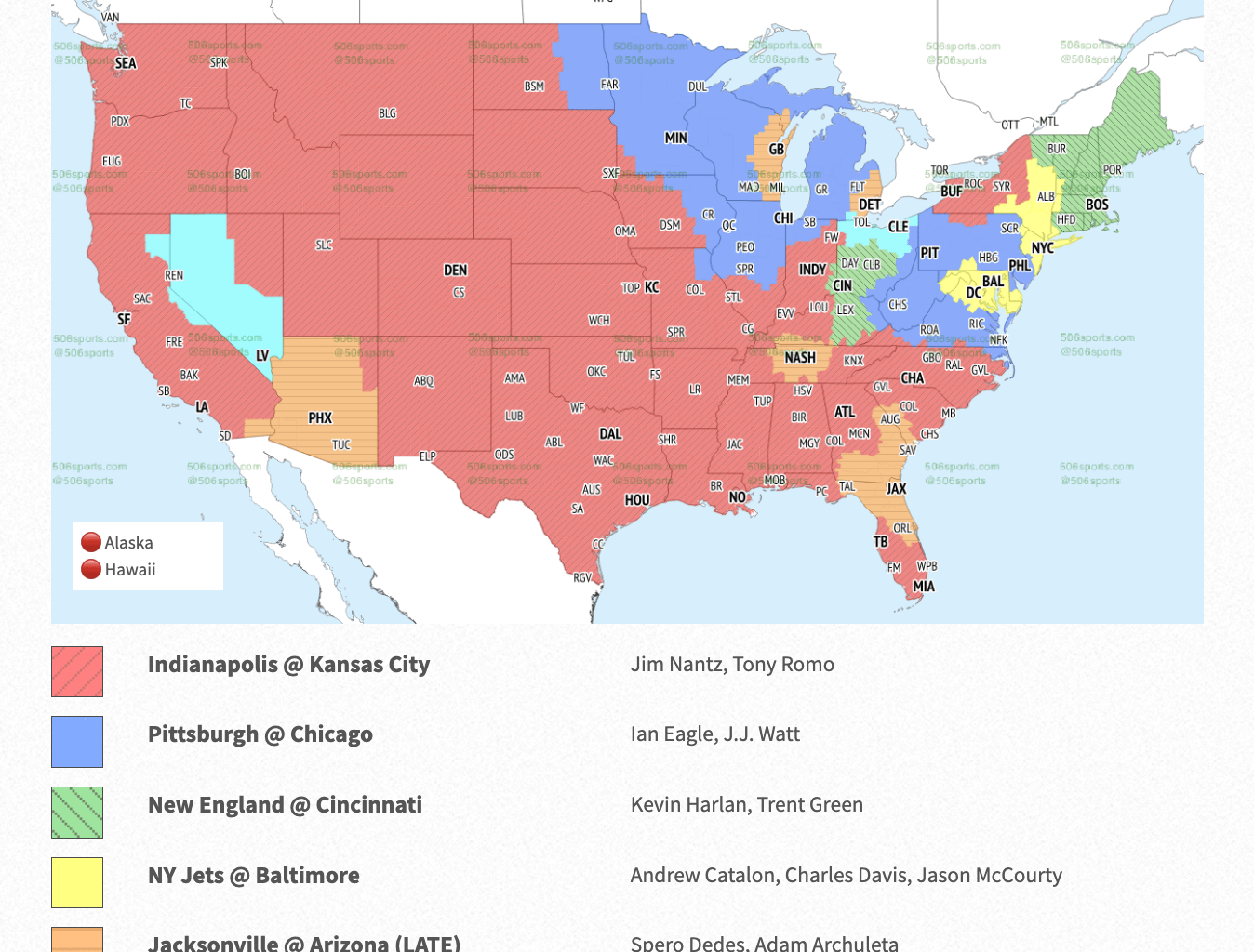 Coverage map for Sunday (Jags-Cards in orange)