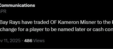 The Tampa Bay Rays have traded OF Kameron Misner to the Kansas City Royals in exchange for a player to be named later or cash considerations.