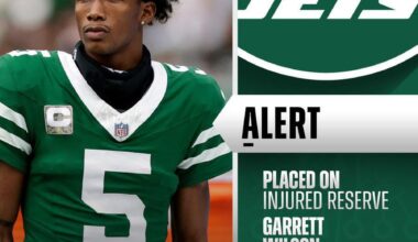 Jets WR Garrett Wilson (knee) placed on injured reserve, out at least four games.