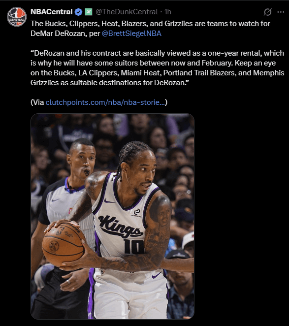 The Bucks, Clippers, Heat, Blazers, and Grizzlies are teams to watch for DeMar DeRozan, per 
@BrettSiegelNBA