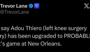 [Lane] Lakers say Adou Thiero (left knee surgery recovery) has been upgraded to PROBABLE for tonight’s game at New Orleans.