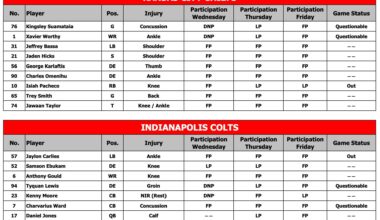 [McMullen] Here's the final injury report for KC and Indy. Pacheco was the only limited participant and has been ruled out; everybody else was a full participant. Kingsley and Worthy are officially Questionable for Sunday.