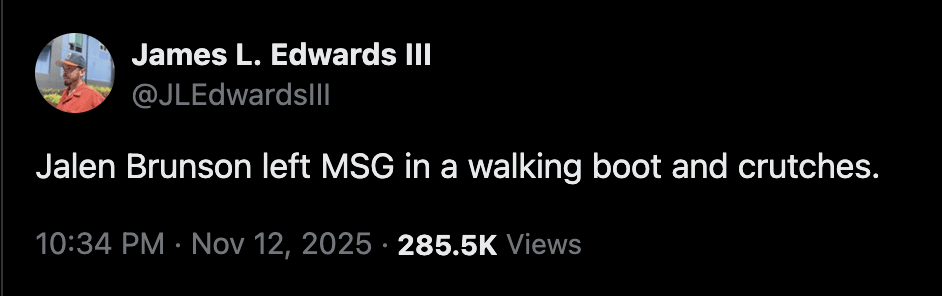 [James L. Edwards III] Jalen Brunson left MSG in a walking boot and crutches.