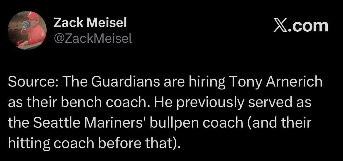 [Meisel] The Guardians are hiring Tony Arnerich as their bench coach. He previously served as the Seattle Mariners' bullpen coach (and their hitting coach before that).