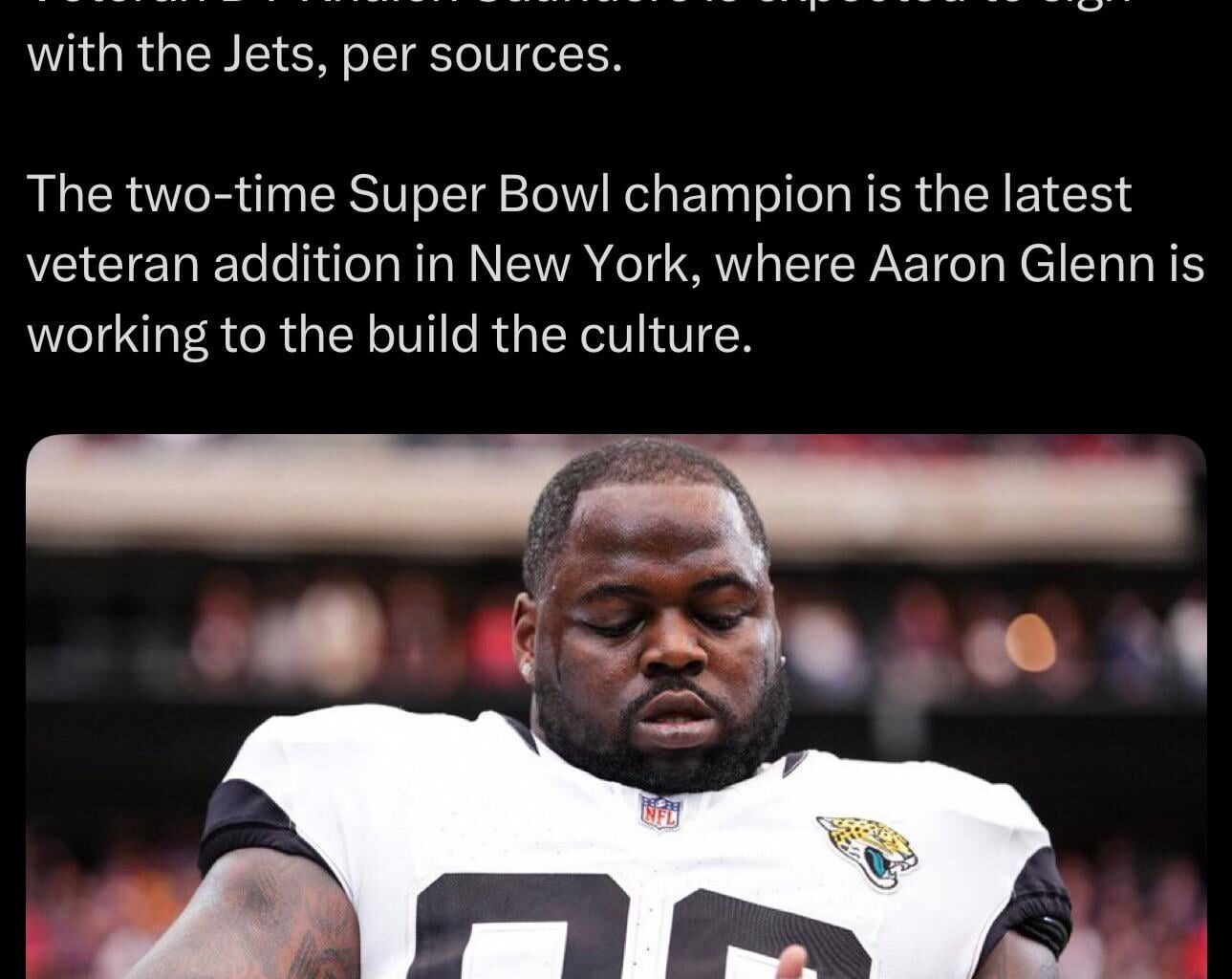 [Peliserro] Veteran DT Khalen Saunders is expected to sign with the Jets, per sources. The two-time Super Bowl champion is the latest veteran addition in New York, where Aaron Glenn is working to the build the culture.