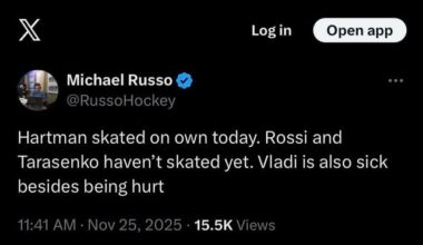 Hartman has started to skate.  Rossi and Tarasenko still not skating.  Hinostroza out 4-6 weeks