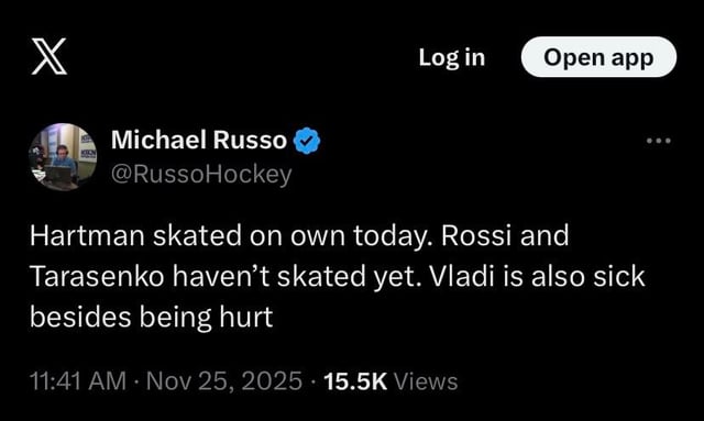 Hartman has started to skate.  Rossi and Tarasenko still not skating.  Hinostroza out 4-6 weeks