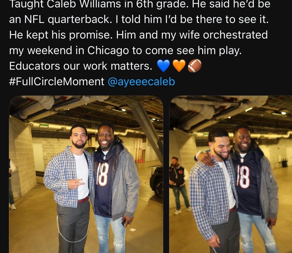 [79th and Halas Podcast] Pretty cool post from Caleb Williams 6th grade teacher on Threads