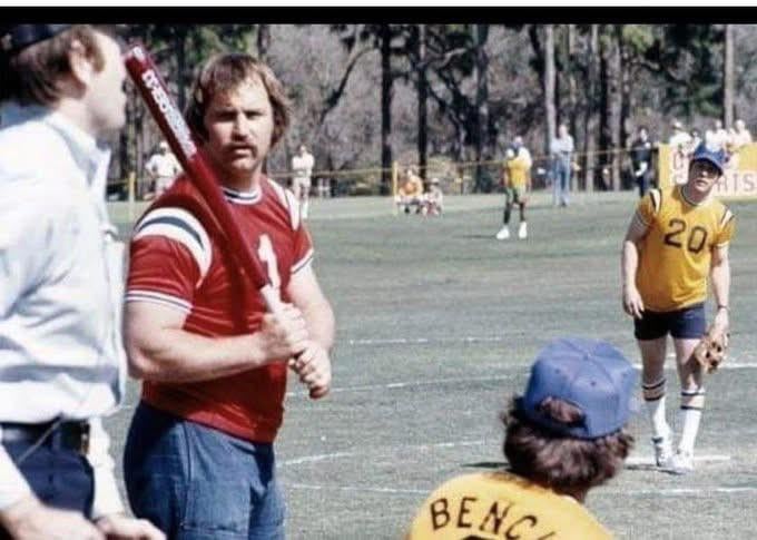Charity softball game with Thurman Munson at bat, Johnny Bench at catcher and Tom Seaver pitching.