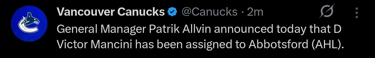 Mancini assigned to Abbotsford @Canucks [X/Twitter]