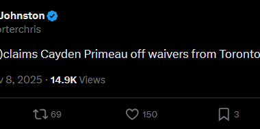 [Johnston] Carolina (re)claims Cayden Primeau off waivers from Toronto.