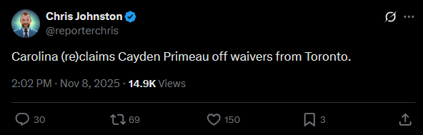 [Johnston] Carolina (re)claims Cayden Primeau off waivers from Toronto.