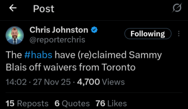 [Chris Johnston] The #habs have (re)claimed Sammy Blais off waivers from Toronto