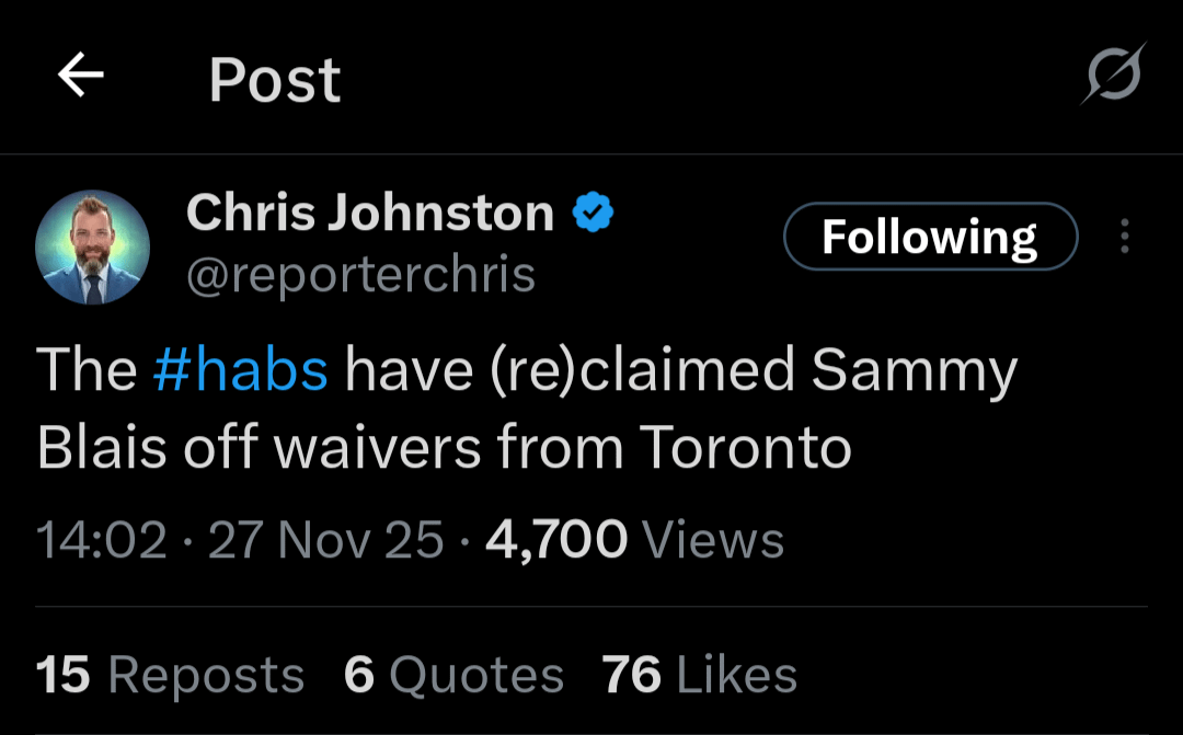 [Chris Johnston] The #habs have (re)claimed Sammy Blais off waivers from Toronto