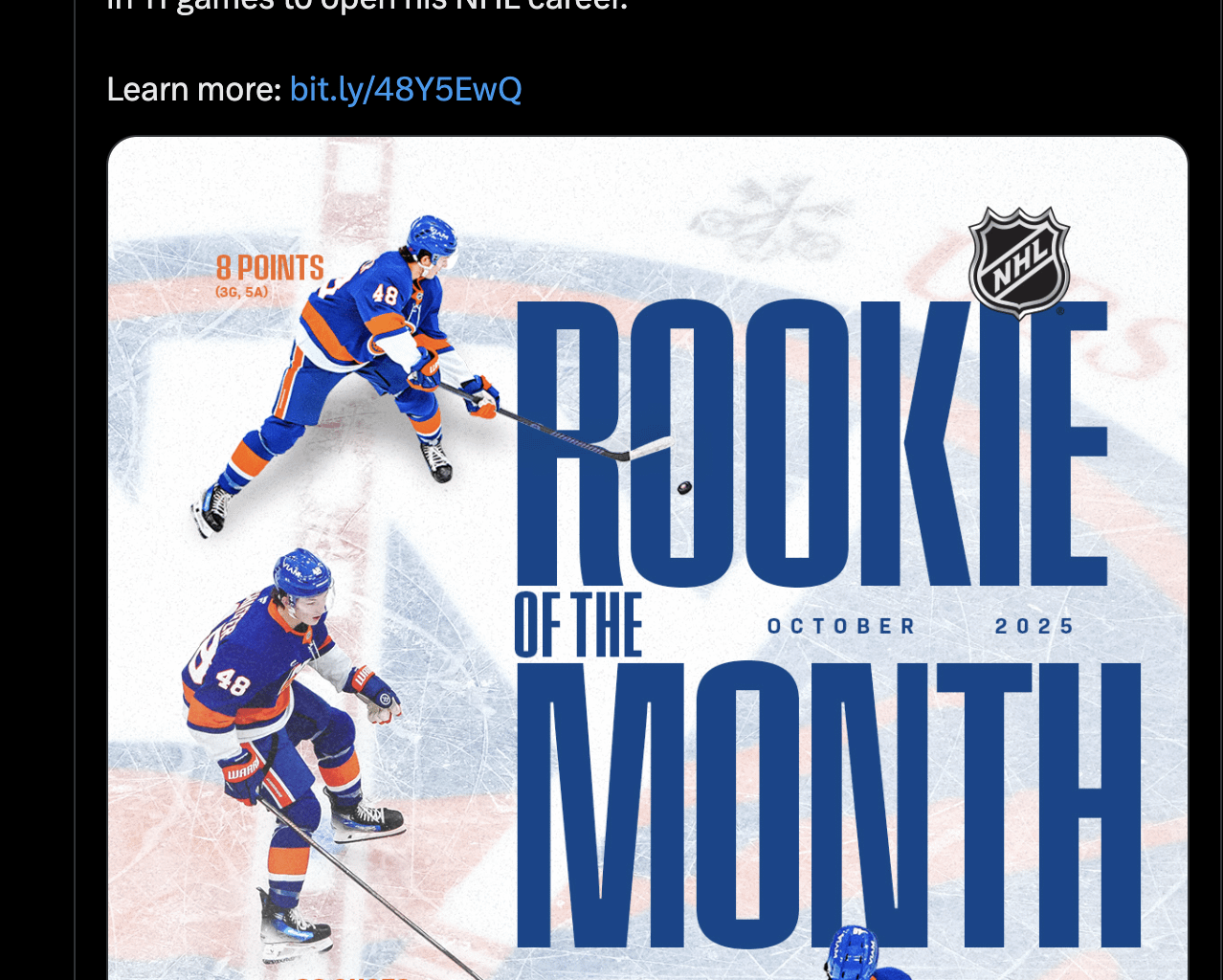 The NHL has named Matthew Schaefer the Rookie of the Month for October
