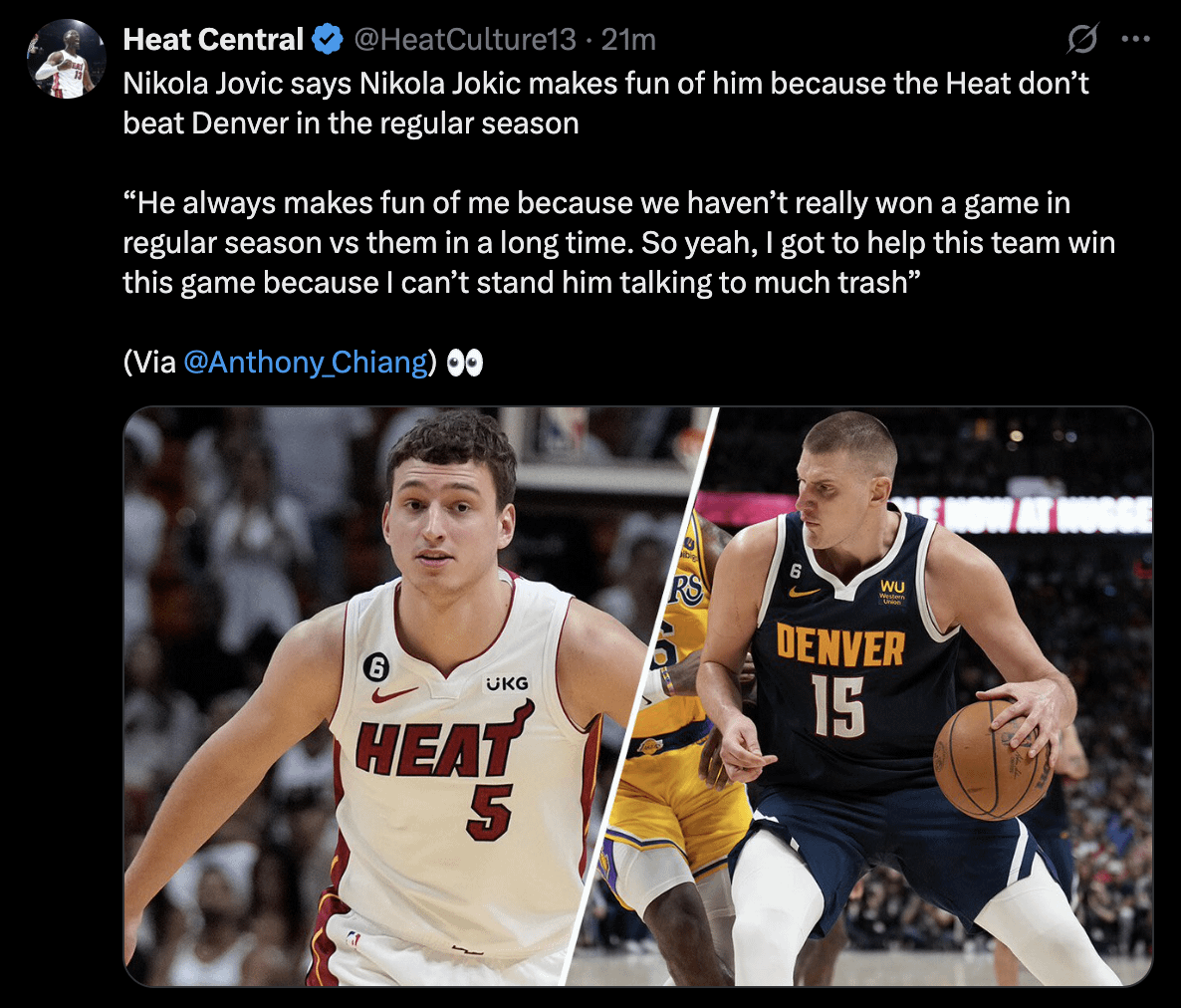 Niko: “He always makes fun of me because we haven’t really won a game in regular season vs them in a long time. So yeah, I got to help this team win this game because I can’t stand him talking to much trash”.