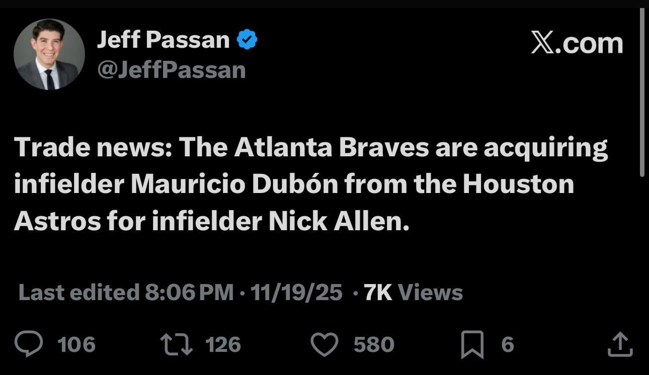 Trade news: The Atlanta Braves are acquiring infielder Mauricio Dubón from the Houston Astros for infielder Nick Allen.