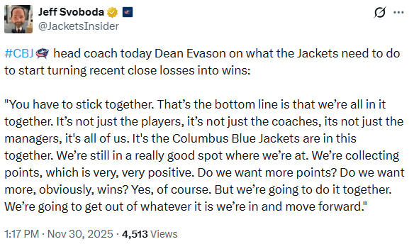 HC Evason on close losses and Jacket's standings
