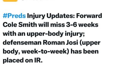 [Nashville Predators] Injury Updates: Forward Cole Smith will miss 3-6 weeks with an upper-body injury; defenseman Roman Josi (upper body, week-to-week) has been placed on IR.
