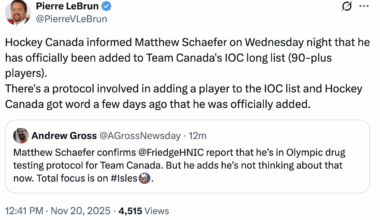 [LeBrun] Hockey Canada informed Matthew Schaefer on Wednesday night that he has officially been added to Team Canada's IOC long list (90-plus players). 
There's a protocol involved in adding a player to the IOC list and Hockey Canada got word a few days ago that he was officially added.