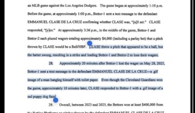 At one point, per the indictment, Clase tried to throw a ball but the batter swung — resulting in a strike. “Bettor-I” allegedly texted Clase a GIF of a man hanging himself with toilet paper. Clase replied with a GIF of a “sad puppy dog face.” (The Guardians won the game.)
