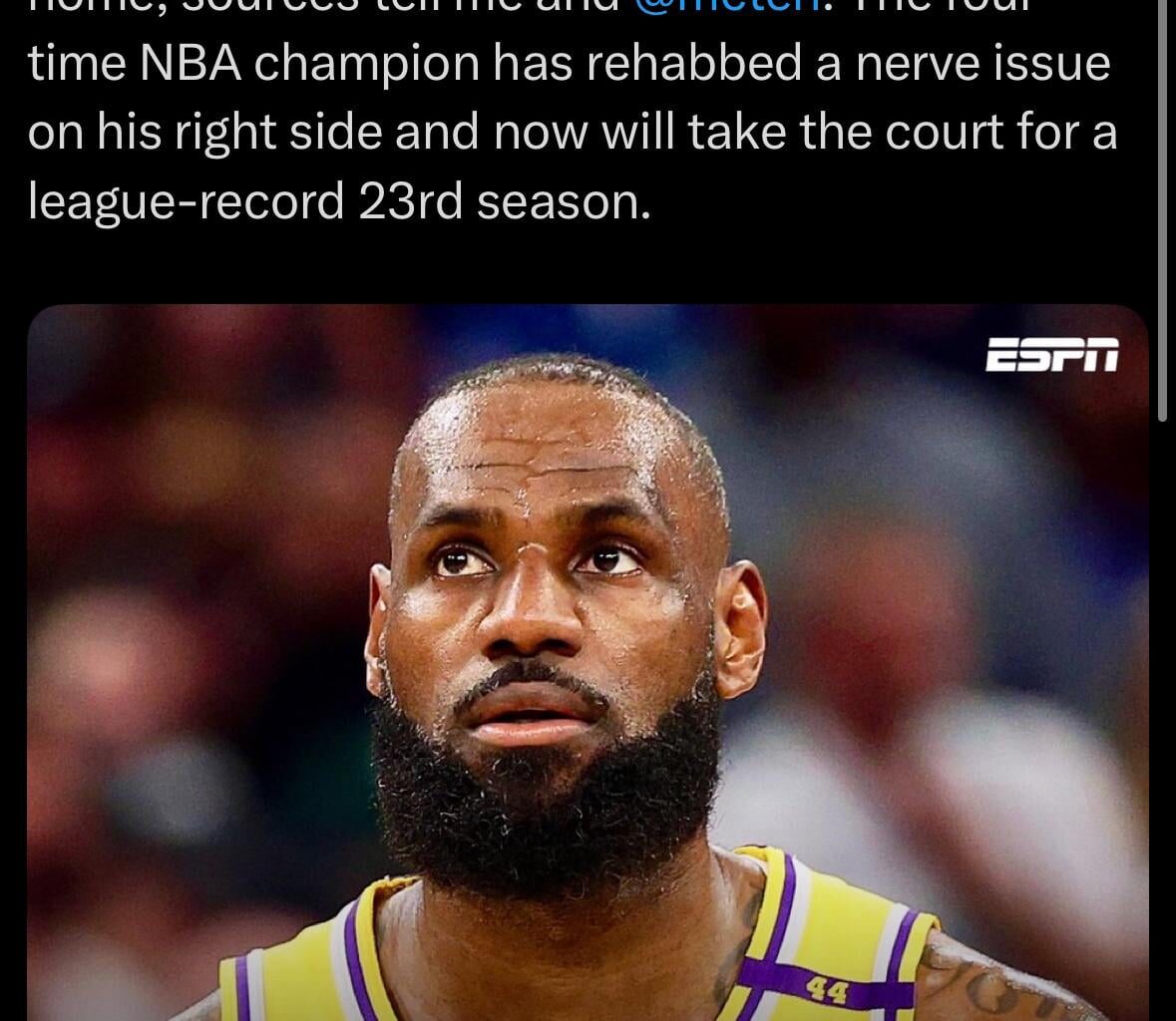 [Charania] LeBron James will make his Los Angeles Lakers season debut against the Utah Jazz tonight at home, sources tell me and @mcten. The four-time NBA champion has rehabbed a nerve issue on his right side and now will take the court for a league-record 23rd season.