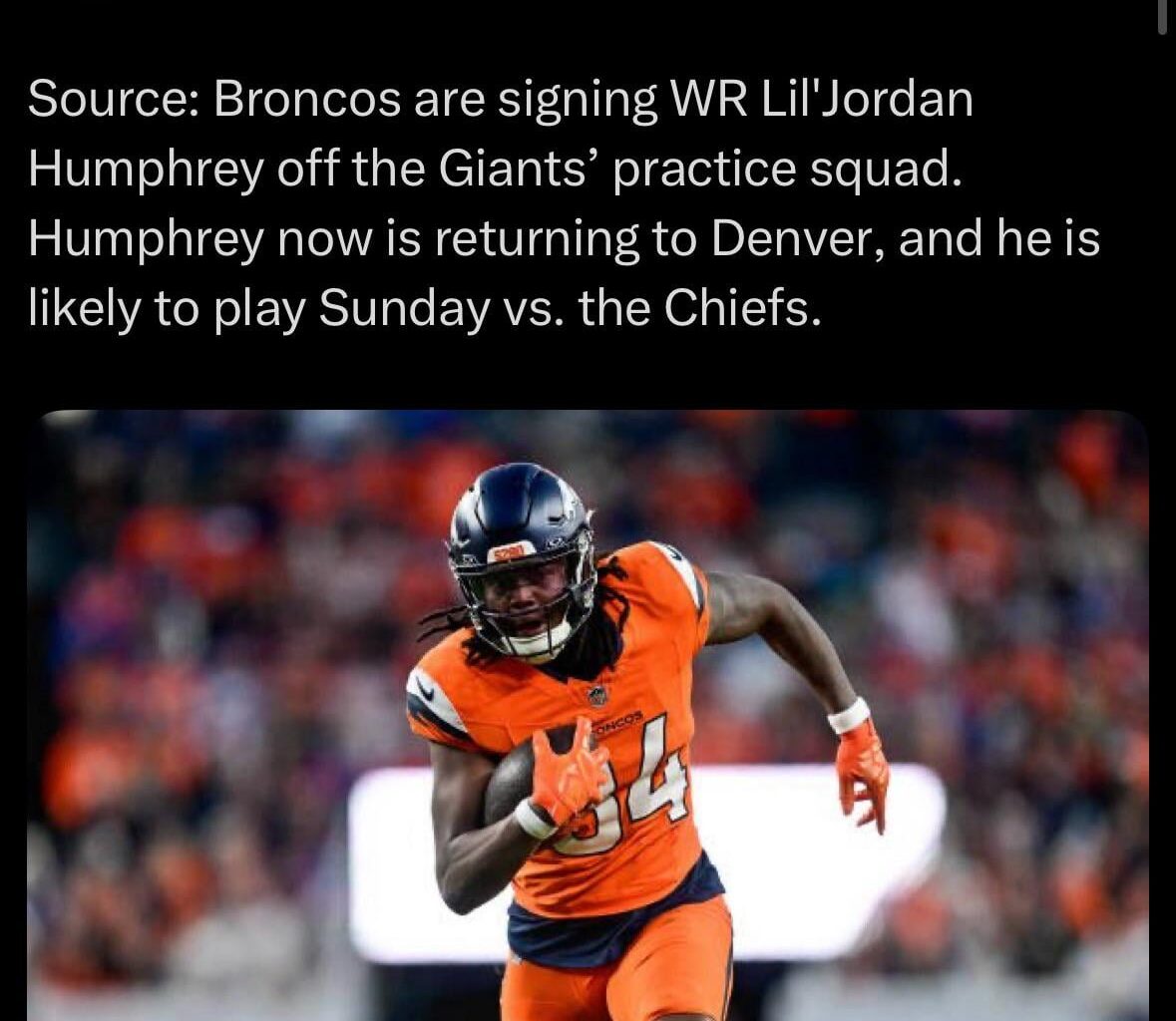 [Schefter] Source: Broncos are signing WR Lil'Jordan Humphrey off the Giants’ practice squad. Humphrey now is returning to Denver, and he is likely to play Sunday vs. the Chiefs.