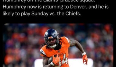 [Schefter] Source: Broncos are signing WR Lil'Jordan Humphrey off the Giants’ practice squad. Humphrey now is returning to Denver, and he is likely to play Sunday vs. the Chiefs.
