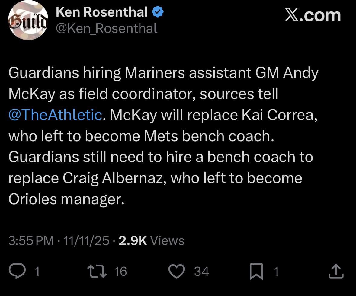 [Rosenthal] Guardians hiring Mariners assistant GM Andy McKay as field coordinator, sources tell @TheAthletic.