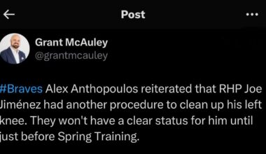 [McAuley] Braves Alex Anthopoulos reiterated that RHP Joe Jiménez had another procedure to clean up his left knee. They won't have a clear status for him until just before Spring Training.