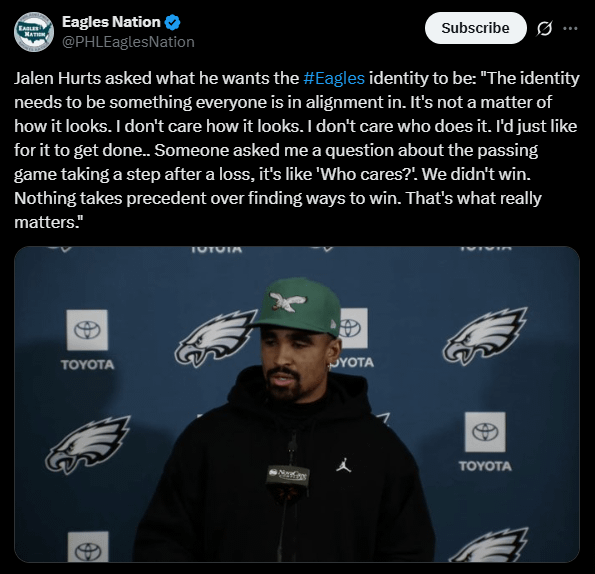 [PHLEaglesNation] Jalen Hurts asked what he wants the #Eagles identity to be: