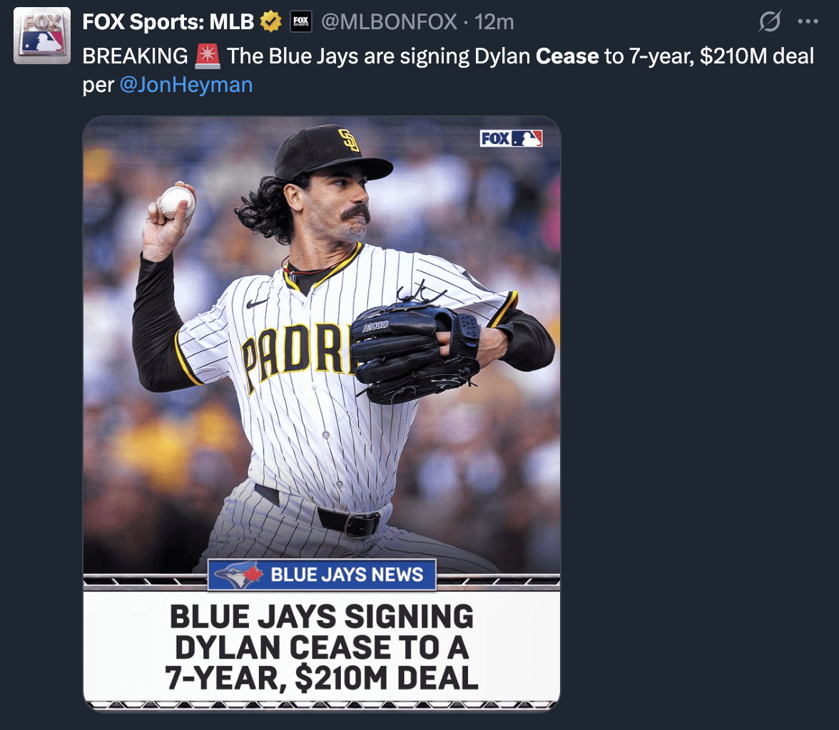Dylan Cease to the Blue Jays (7yrs 210 Million)