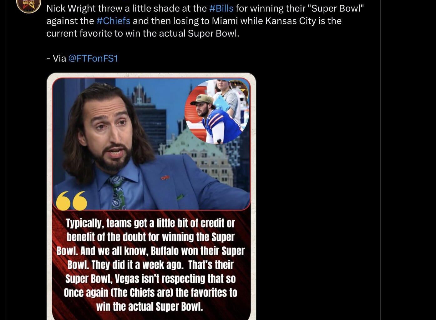 [Starcade Media] Nick Wright threw a little shade at the #Bills for winning their “Super Bowl” against the #Chiefs and then losing to Miami while Kansas City is the current favorite to win the actual Super Bowl.