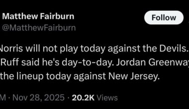 [Matthew Fairburn] Josh Norris will not play today against the Devils. Lindy Ruff said he's day-to-day. Jordan Greenway will enter the lineup today against New Jersey.
