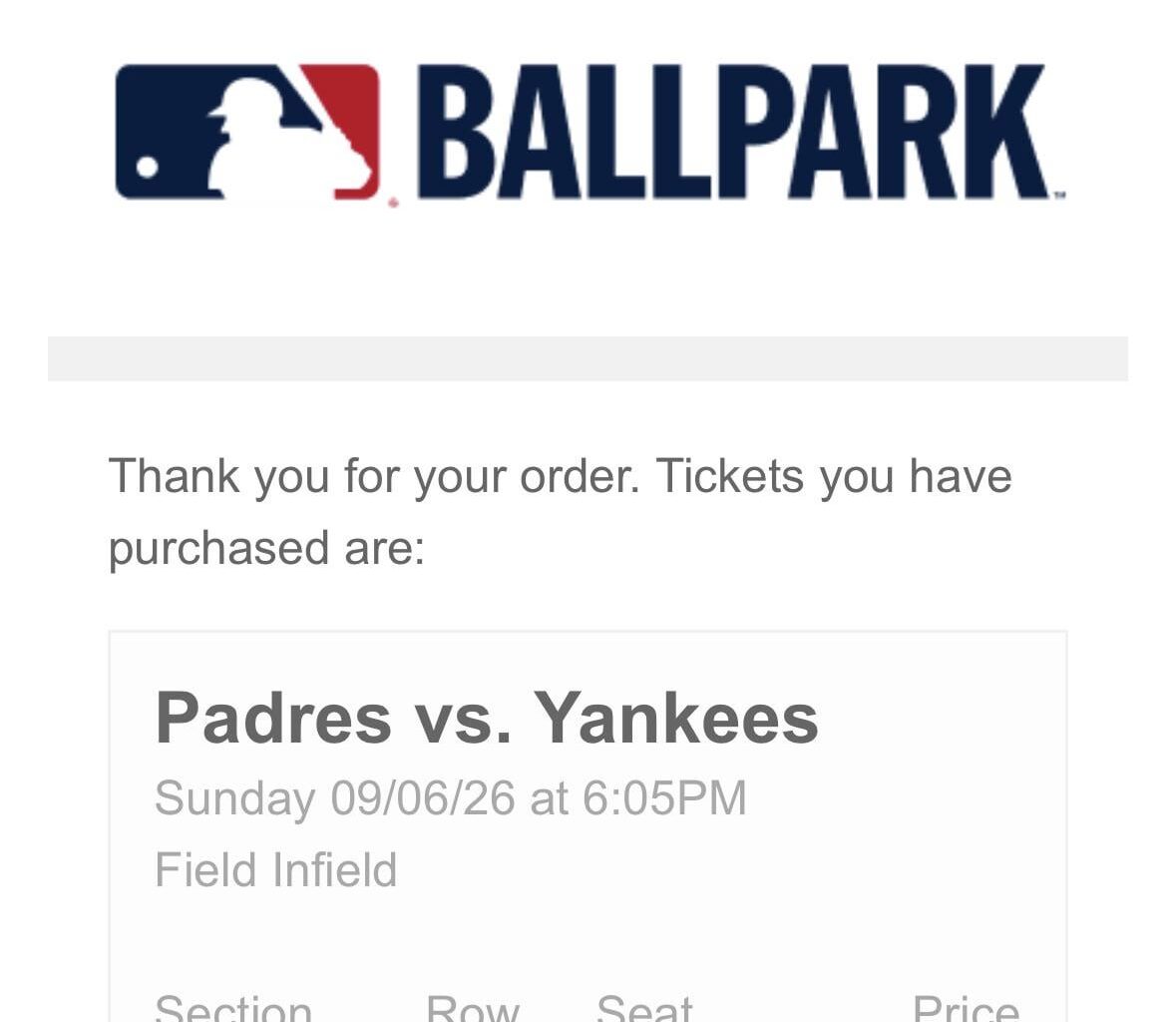 Padres Yankees game 9/6/26