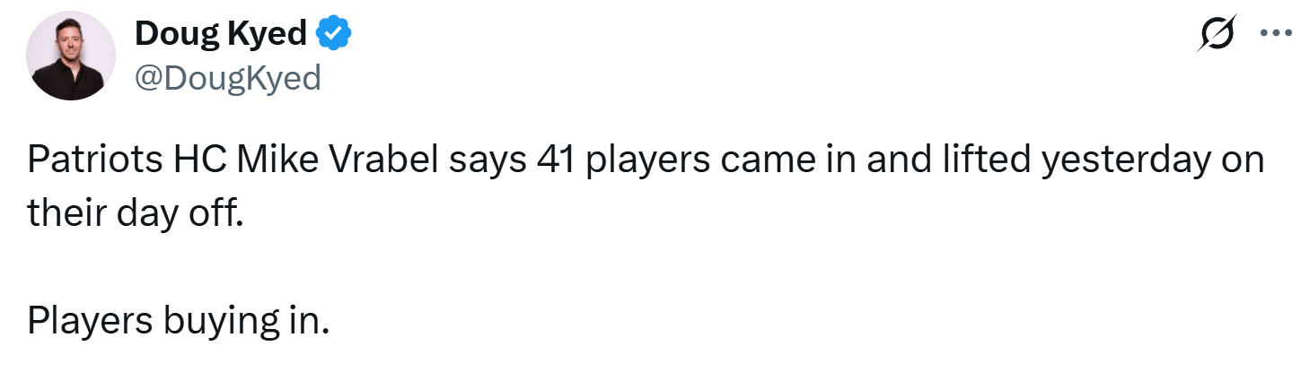 Vrabel says 41 players came in and lifted yesterday on their day off. They are buying in baby lets go, new era