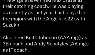 The Angels have hired Max Stassi as their catching coach. They also hired Keith Johnson (AAA mgr) as 3B coach and Andy Schatzley (AA mgr) as IF coach.