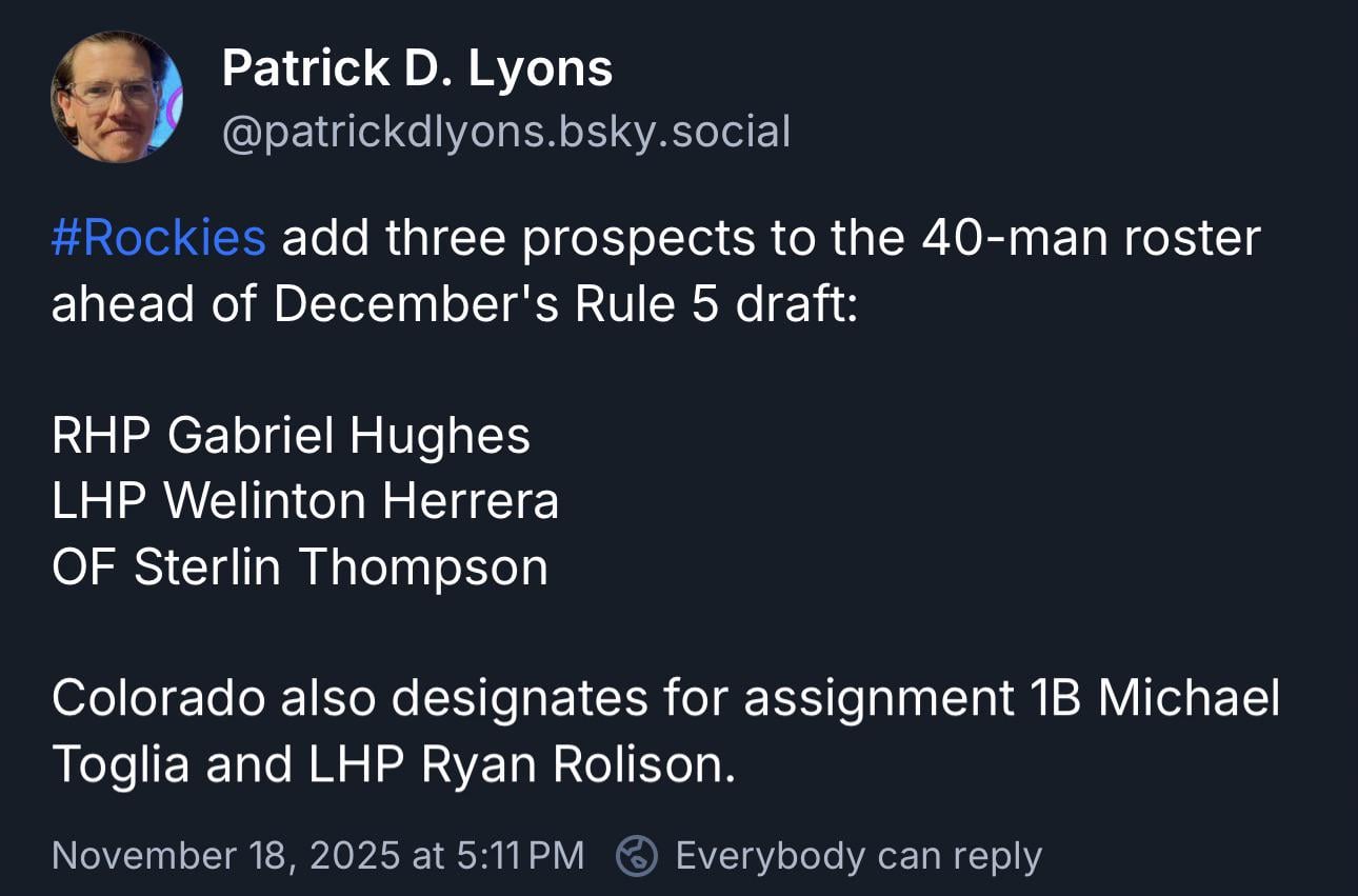 Rockies add three prospects to the 40-man roster ahead of December's Rule 5 draft. Colorado also designates for assignment 1B Michael Toglia and LHP Ryan Rolison.