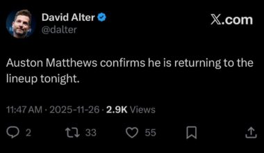 [Alter] Auston Matthews confirms he is returning to the lineup tonight.