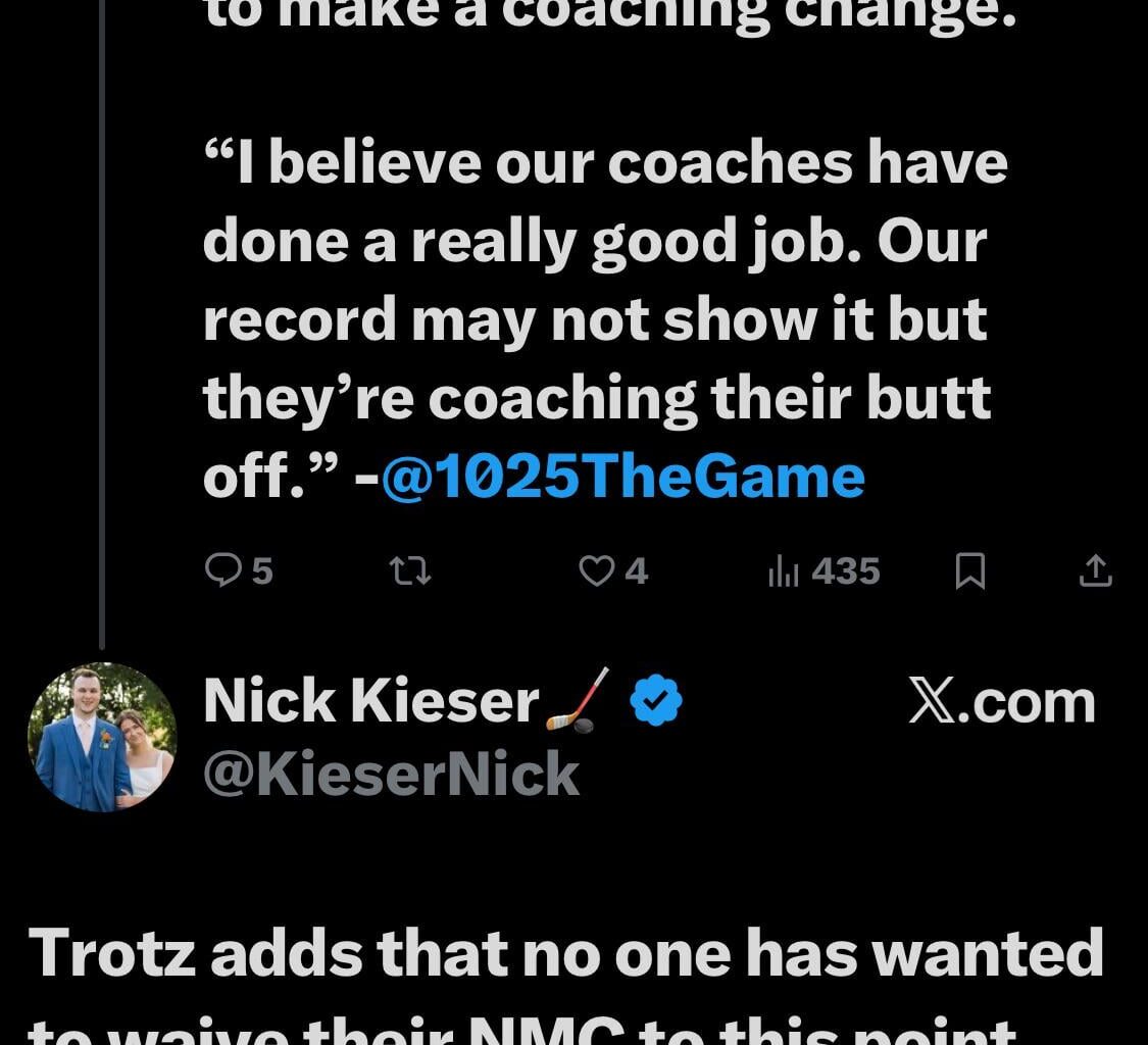 [Kieser] GM Barry Trotz on why he’s yet to make a coaching change. “I believe our coaches have done a really good job. Our record may not show it but they’re coaching their butt off.” Trotz adds that no one has wanted to waive their NMC to this point.