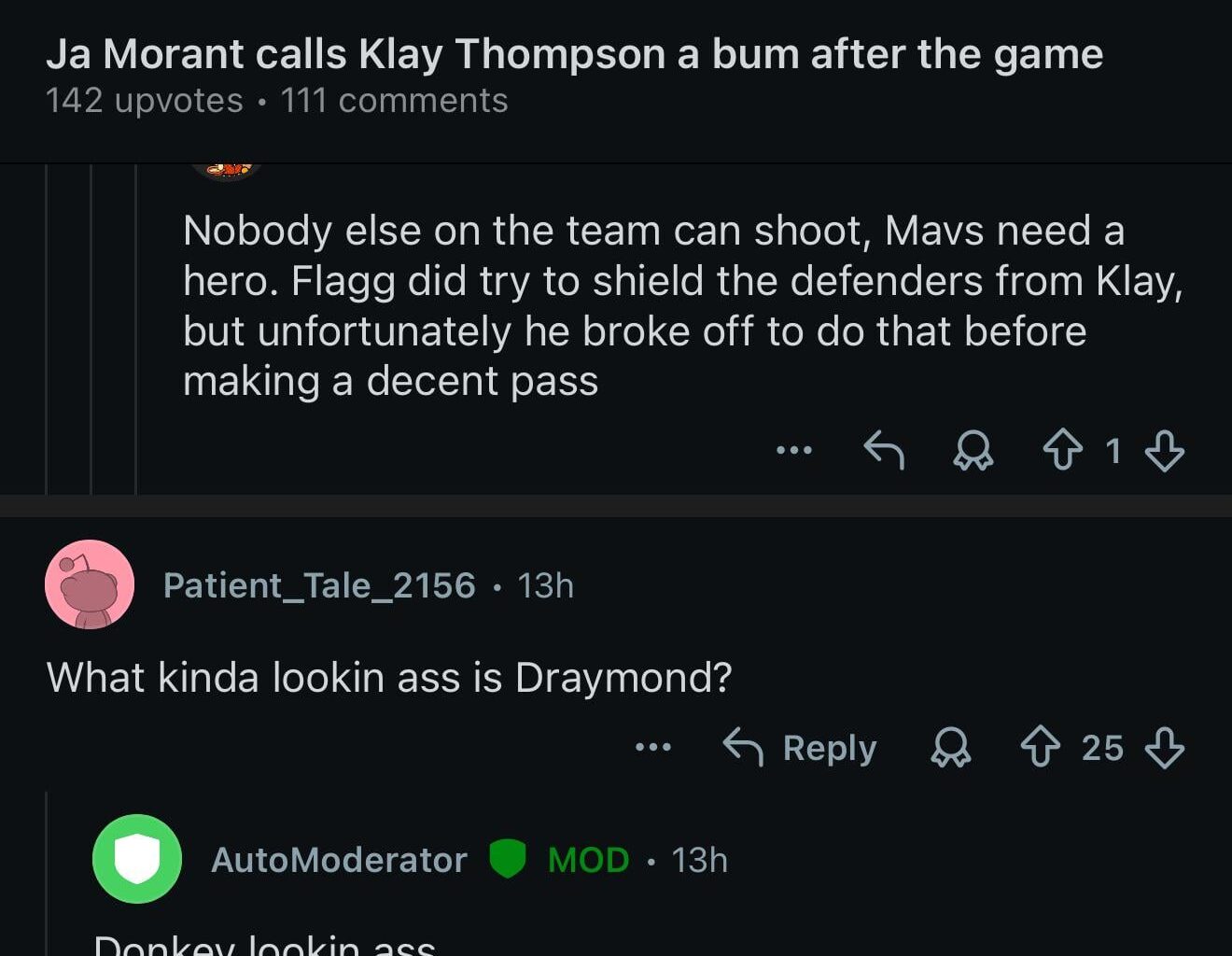 Grizzlies sub has a bot that replies “Donkey lookin ass” for any comments involving Draymond