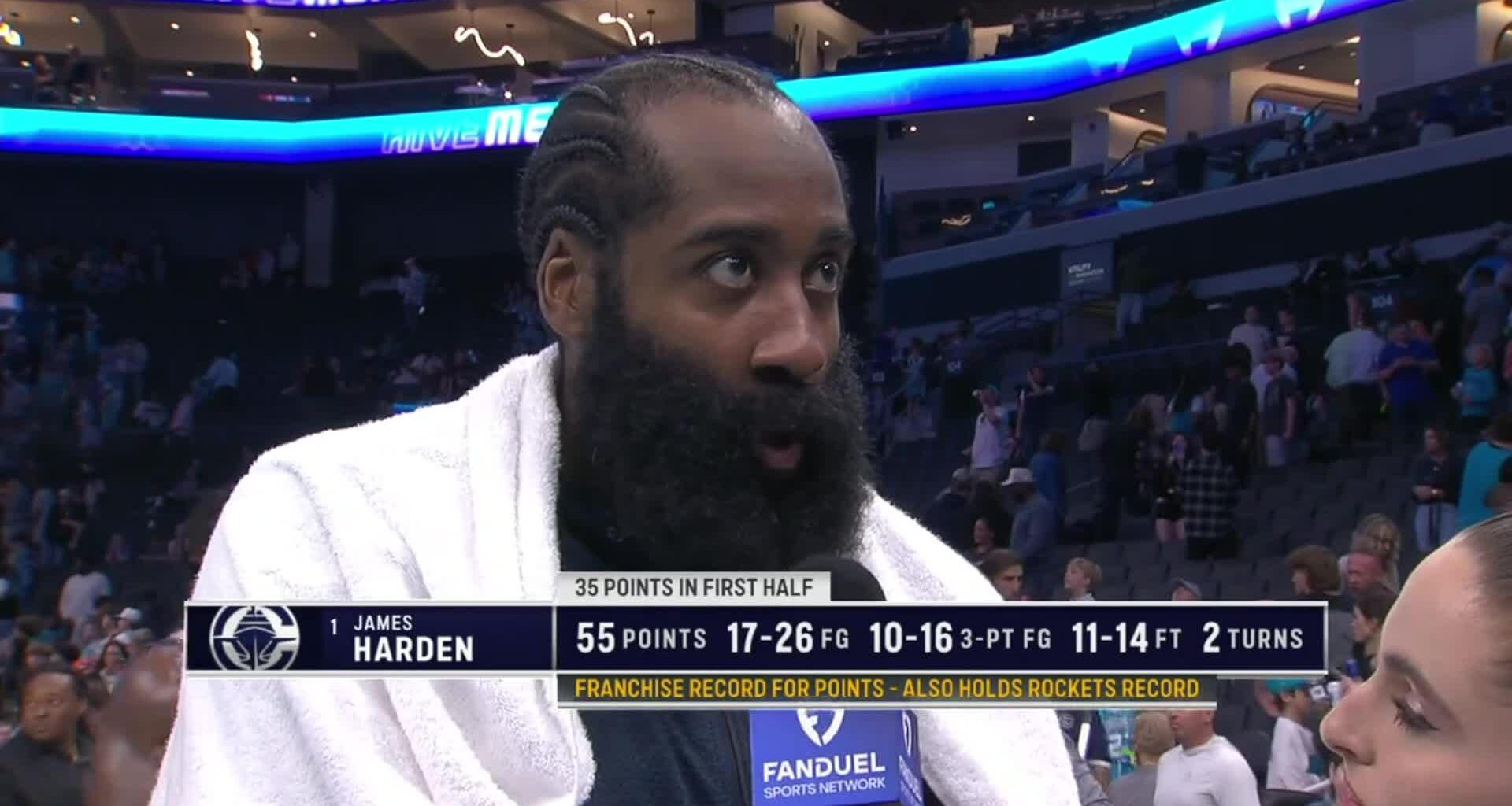James Harden postgame interview on the court after scoring 55 points.
He ends the interview with "Basketball is life"