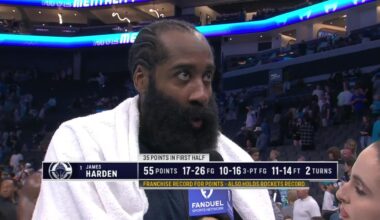 James Harden postgame interview on the court after scoring 55 points.
He ends the interview with "Basketball is life"
